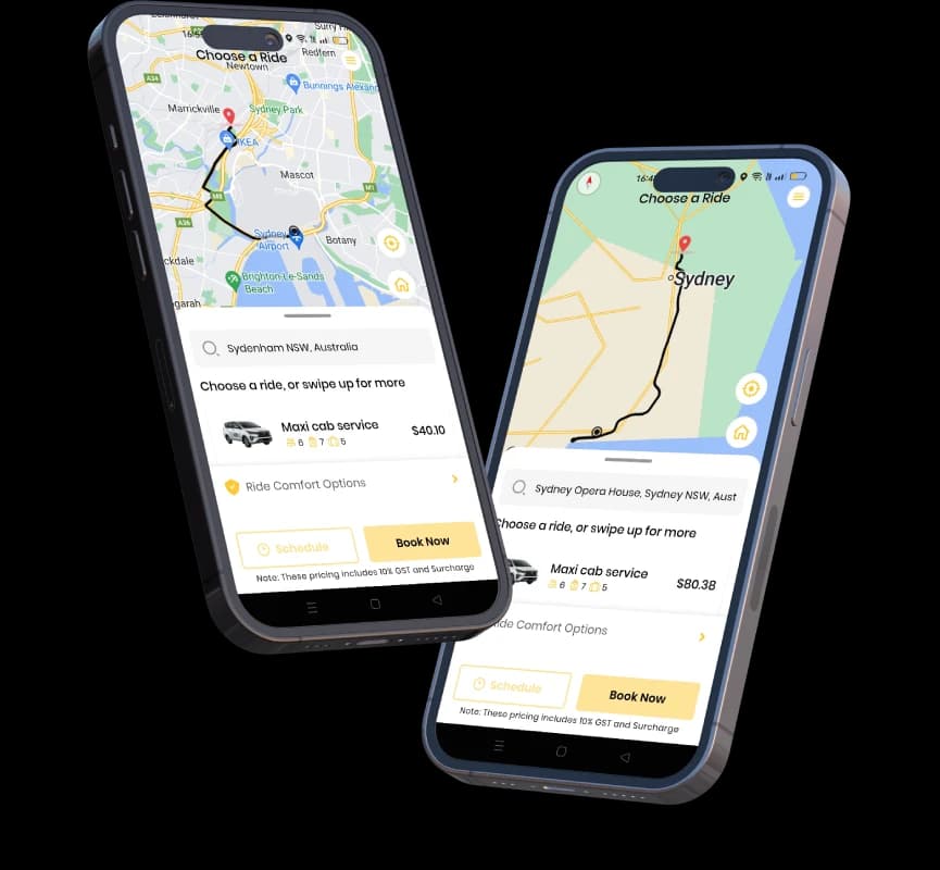 Screens from the TipTop Ride app used to book a wheelchair taxi in Sydney